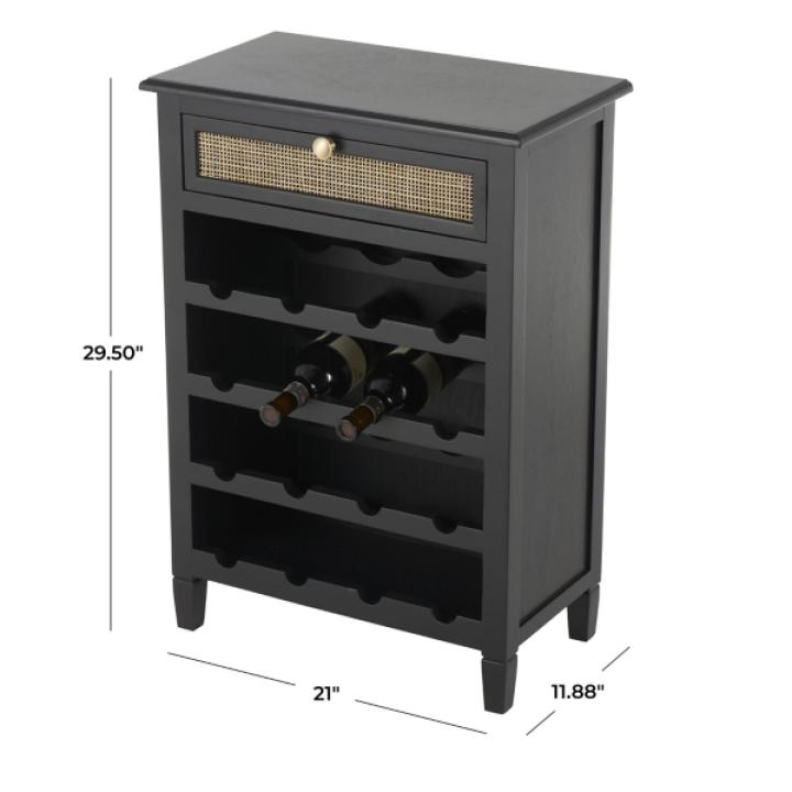 Black Wood & Natural Rattan Wine Bottle Cabinet