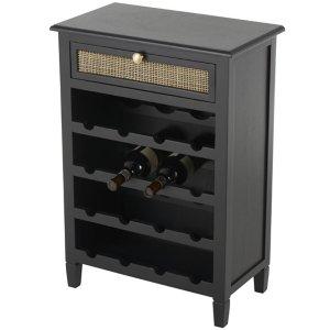 Black Wood & Natural Rattan Wine Bottle Cabinet