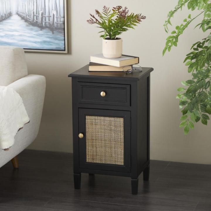 Black Wood & Natural Rattan Small Cabinet