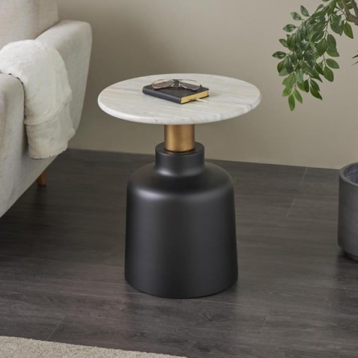 Black Metal & Marble Pedestal Accent Table