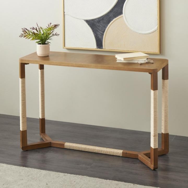 Brown Wood and Rope Geometric Console Table
