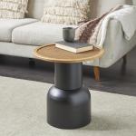 Black Metal Rattan Pedestal Accent Table, 19 in.