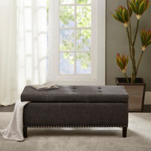 Black Linen Button Tufted Storage Bench