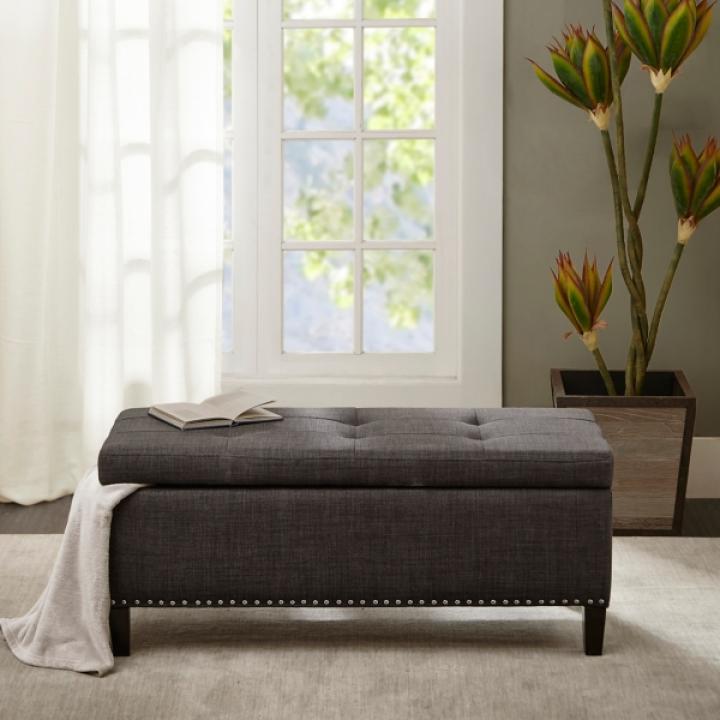 Black Linen Button Tufted Storage Bench