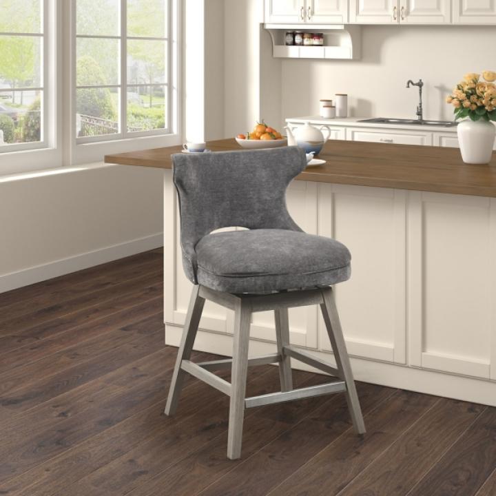 Gray Upholstered Wood Swivel Counter Stool