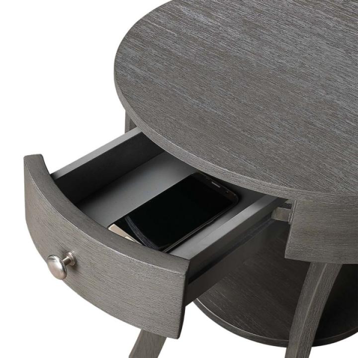 Gray Curved Legs Round Drawer Accent Table