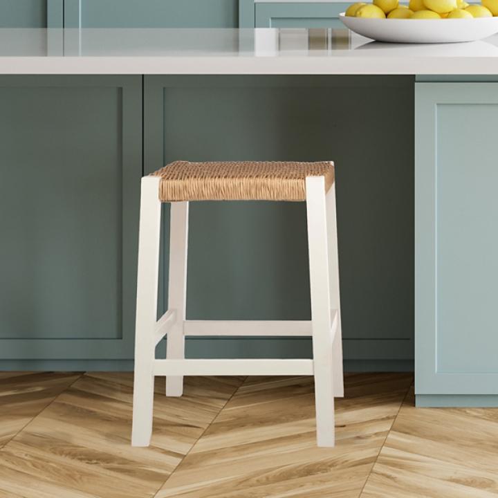 White Newport Wood and Rattan Counter Stool