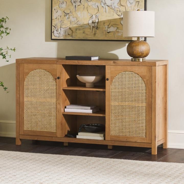 Brown Wood and Rattan 2-Door Cabinet
