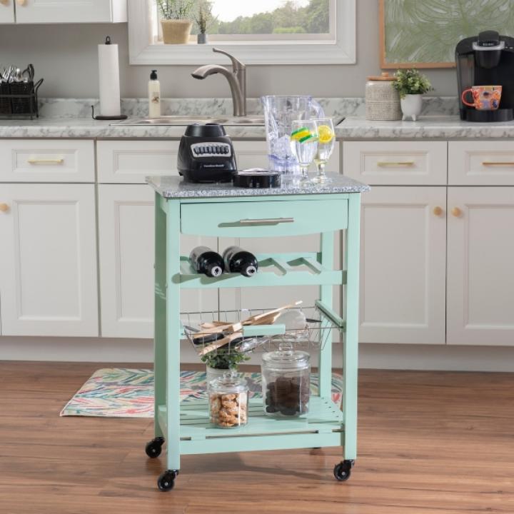 Mint Green Rolling Kitchen Cart with Granite Top