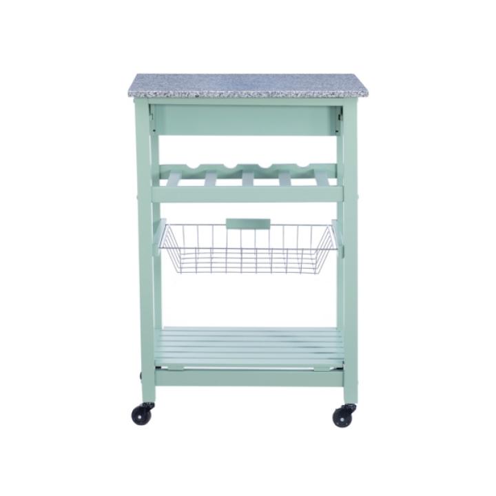 Mint Green Rolling Kitchen Cart with Granite Top