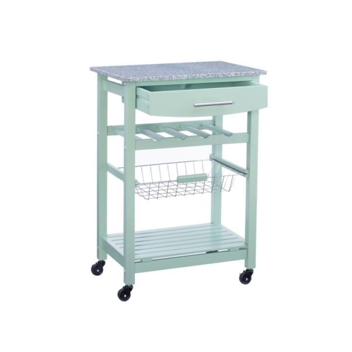 Mint Green Rolling Kitchen Cart with Granite Top