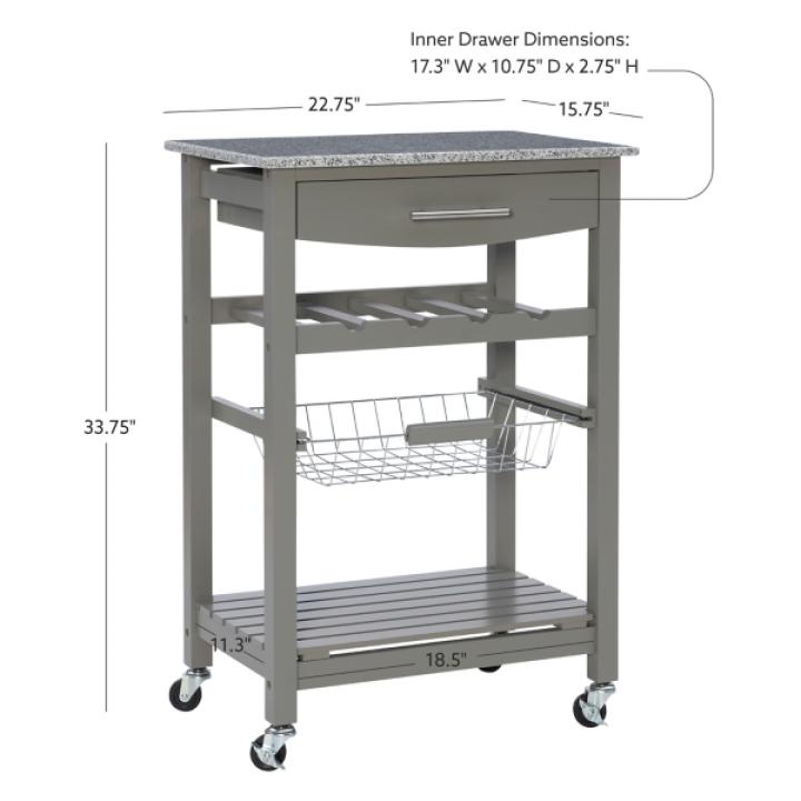 Warm Gray Rolling Kitchen Cart with Granite Top