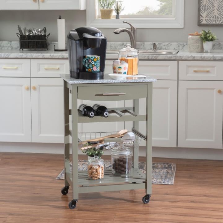 Warm Gray Rolling Kitchen Cart with Granite Top