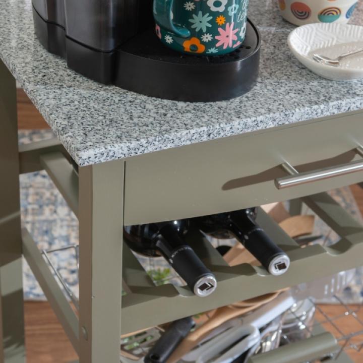 Warm Gray Rolling Kitchen Cart with Granite Top