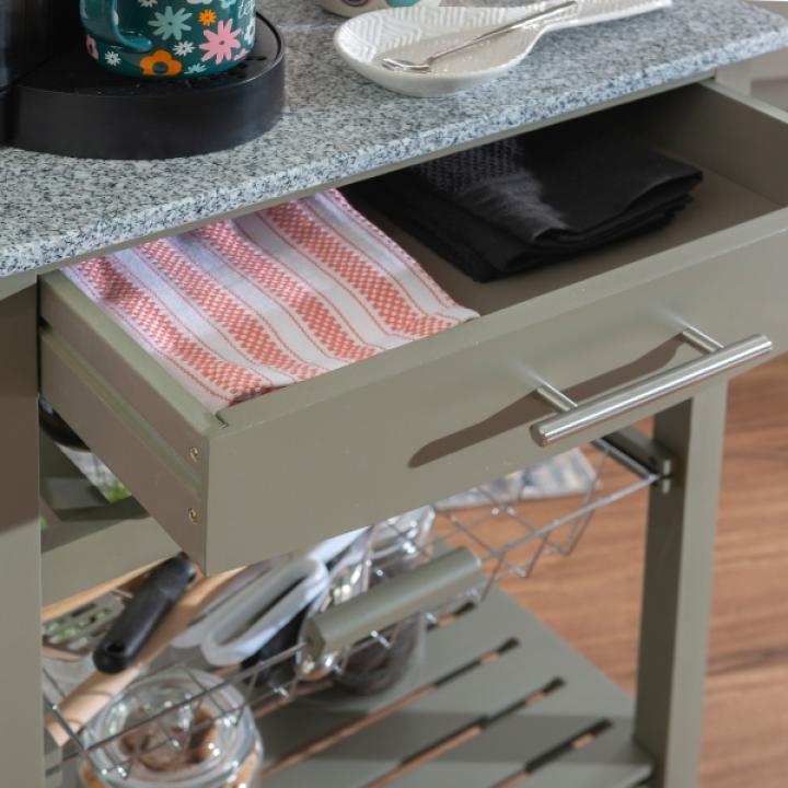 Warm Gray Rolling Kitchen Cart with Granite Top