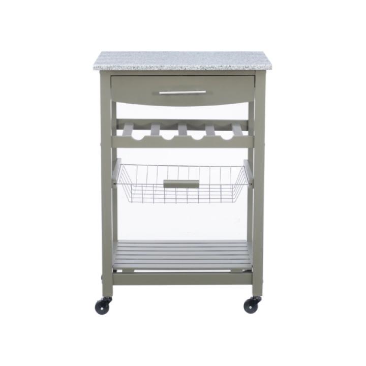 Warm Gray Rolling Kitchen Cart with Granite Top