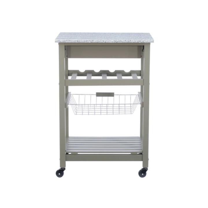 Warm Gray Rolling Kitchen Cart with Granite Top