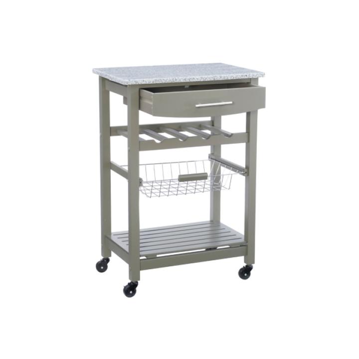 Warm Gray Rolling Kitchen Cart with Granite Top