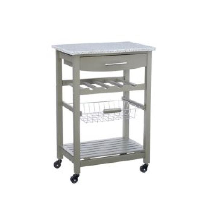 Warm Gray Rolling Kitchen Cart with Granite Top