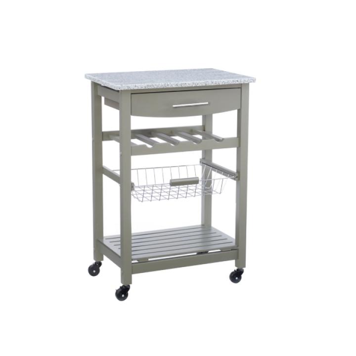 Warm Gray Rolling Kitchen Cart with Granite Top