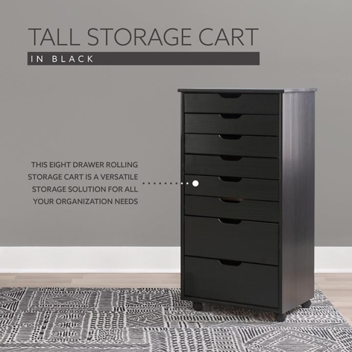 Black Wood 8-Drawer Cary Storage Cart