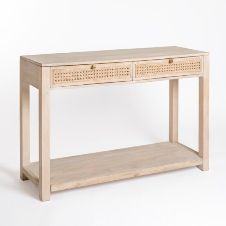 Whitewash Woven Cane 2-Drawer Console Table