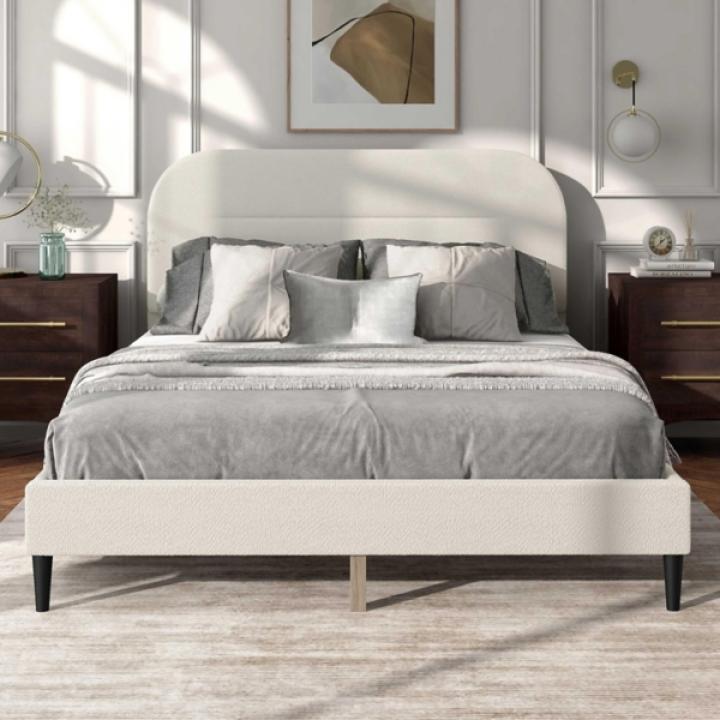 White Boucle Upholstered Sara Queen Bed