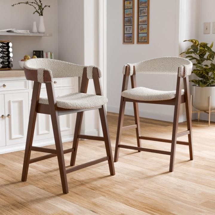 White Boucle Wood Penny Counter Stools, Set of 2