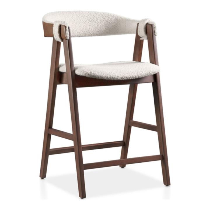 White Boucle Wood Penny Counter Stools, Set of 2