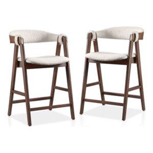 White Boucle Wood Penny Counter Stools, Set of 2
