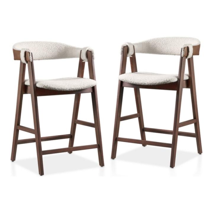 White Boucle Wood Penny Counter Stools, Set of 2