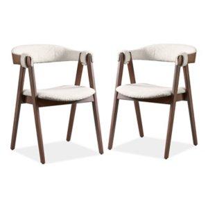 White Boucle Wood Penny Dining Chairs, Set of 2