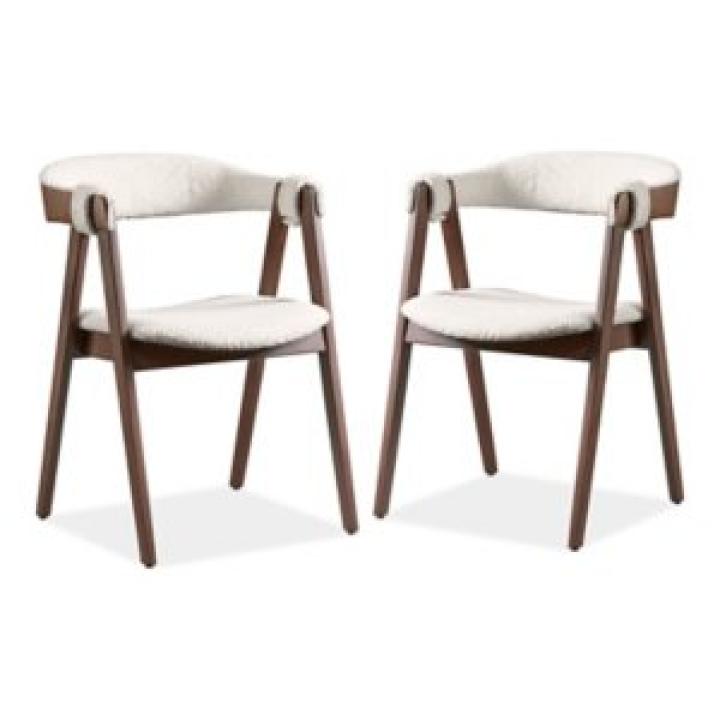 White Boucle Wood Penny Dining Chairs, Set of 2