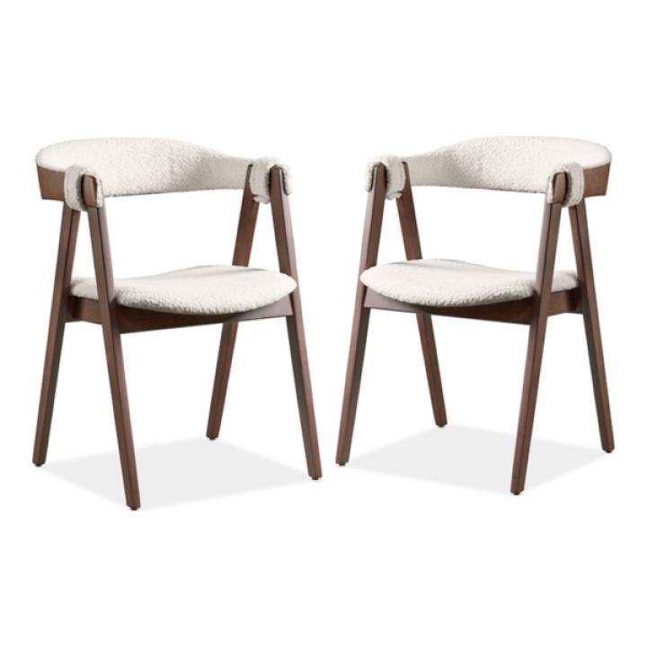 White Boucle Wood Penny Dining Chairs, Set of 2