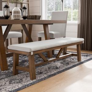 Ivory Upholstered Rustic Wood Katie Dining Bench