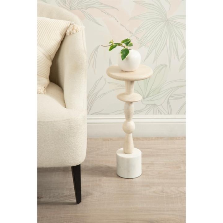 White Marble and Mango Wood Round Accent Table