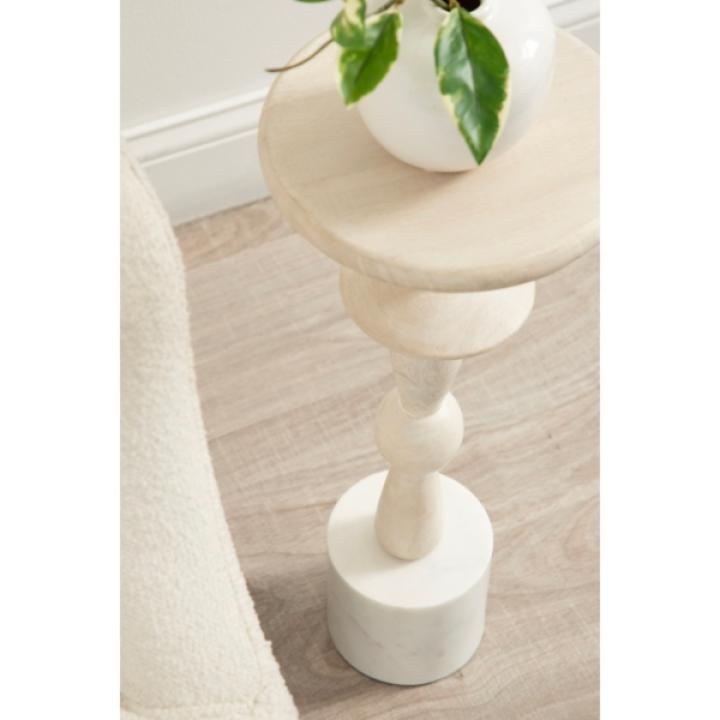 White Marble and Mango Wood Round Accent Table