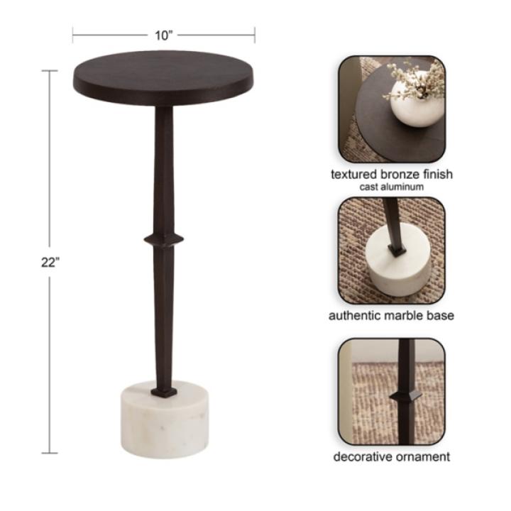 White Marble and Black Metal Round Accent Table