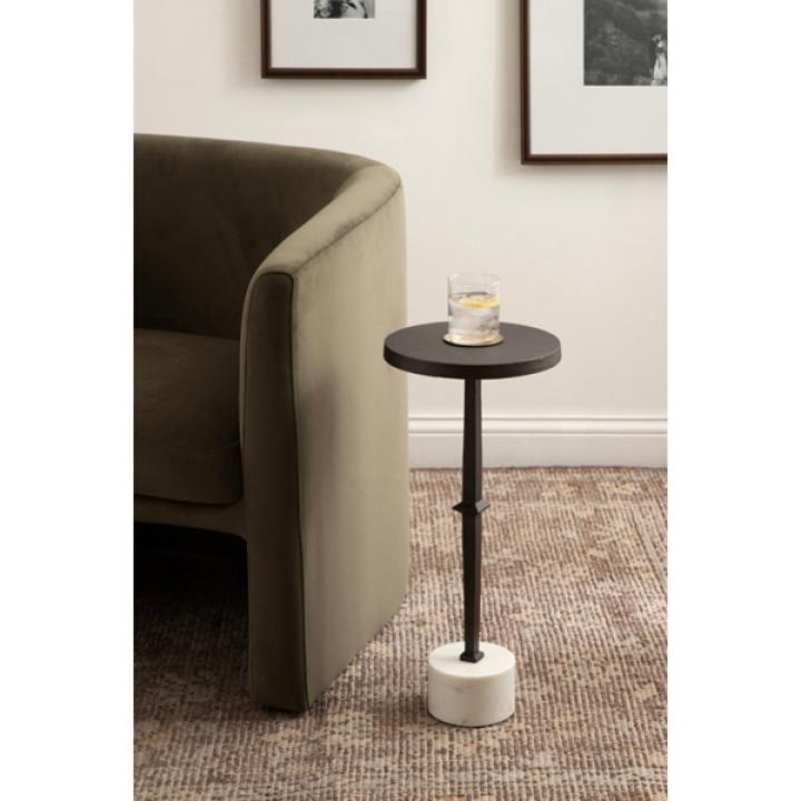 White Marble and Black Metal Round Accent Table