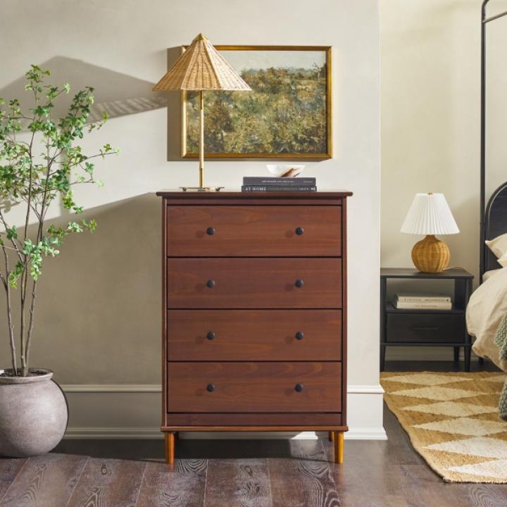 Walnut Mid-Century Modern 4-Drawer Wood Dresser