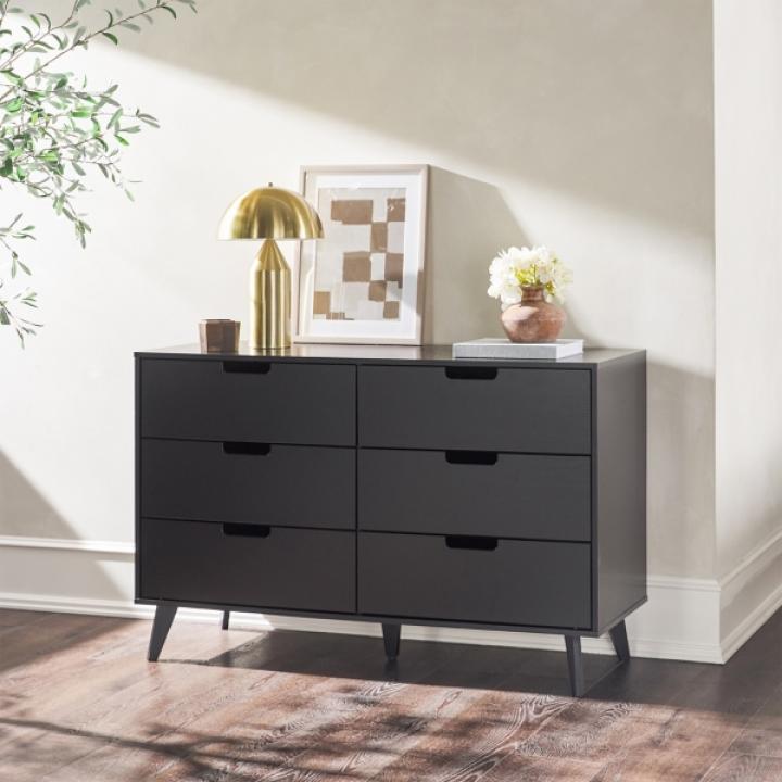 Black Simple Grooved Handle 6-Drawer Dresser