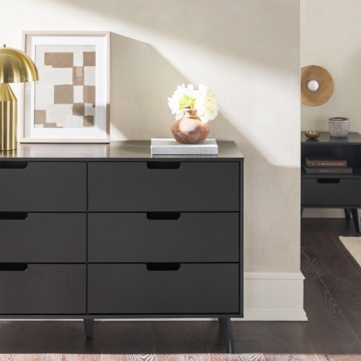 Black Simple Grooved Handle 6-Drawer Dresser
