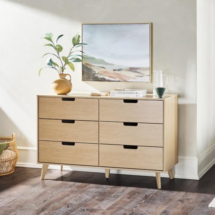 Oak Wood Simple Grooved Handle 6-Drawer Dresser
