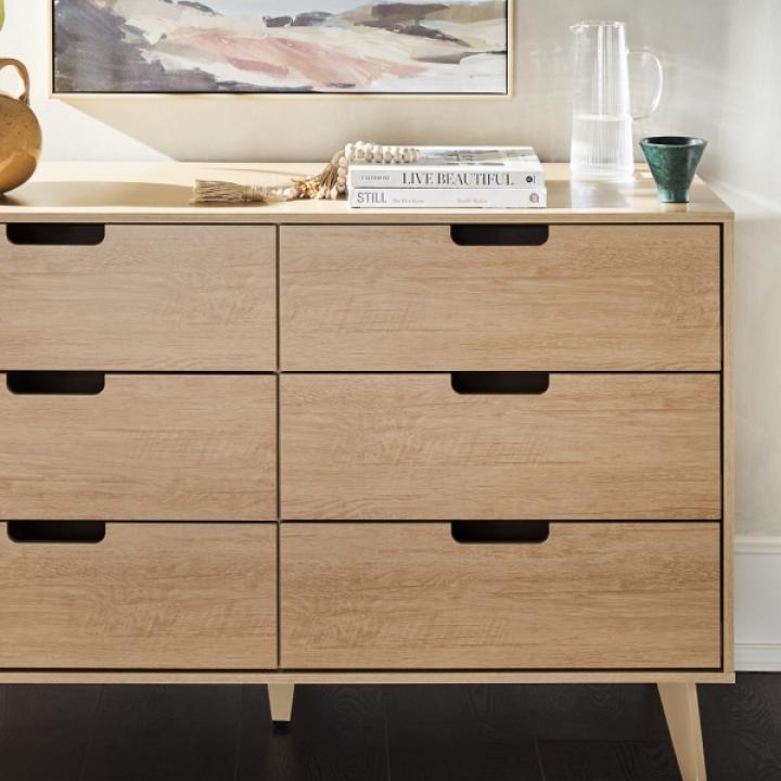 Oak Wood Simple Grooved Handle 6-Drawer Dresser