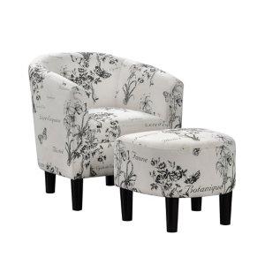 Black & White Floral Accent Chair & Ottoman Set