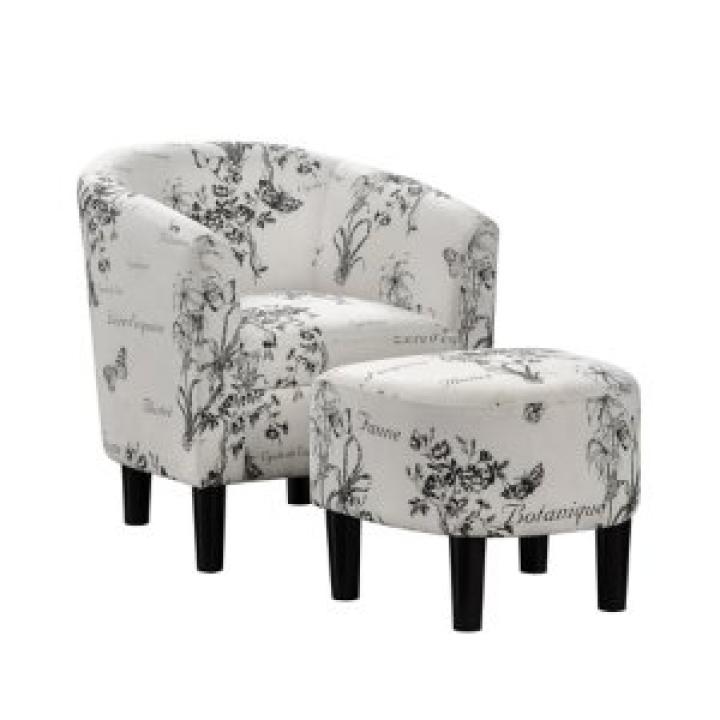 Black & White Floral Accent Chair & Ottoman Set