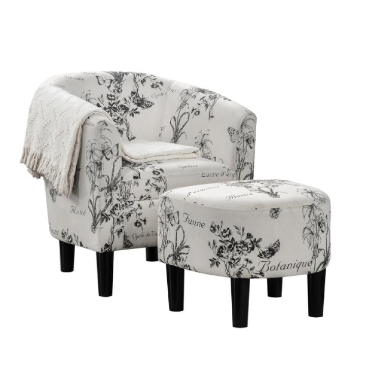 Black & White Floral Accent Chair & Ottoman Set