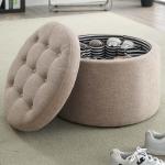 Tan Upholstered Round Shoe Storage Ottoman