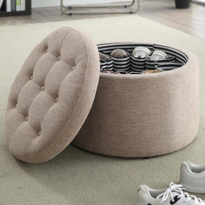 Tan Upholstered Round Shoe Storage Ottoman