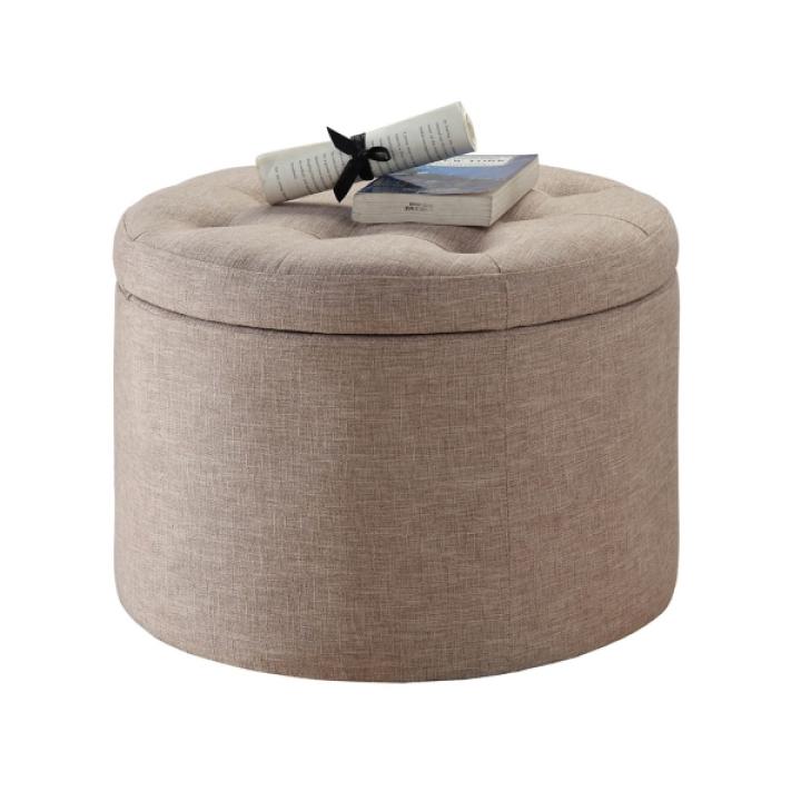 Tan Upholstered Round Shoe Storage Ottoman